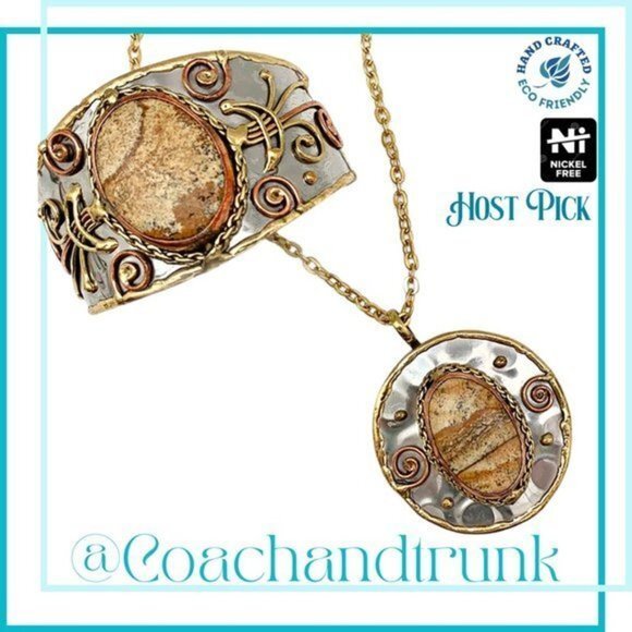 New With Tags Artisan Crafted Natural Picture Jasper Necklace and Cuff Bracelet - Picture 1 of 6